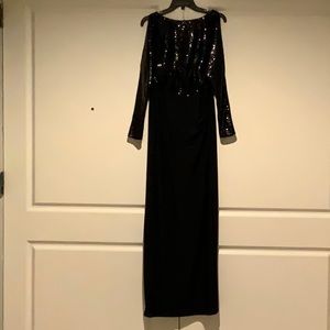 Ralph Lauren Black Evening Gown Long Sleeve Cold Shoulder. Sequin Top. Size: 6